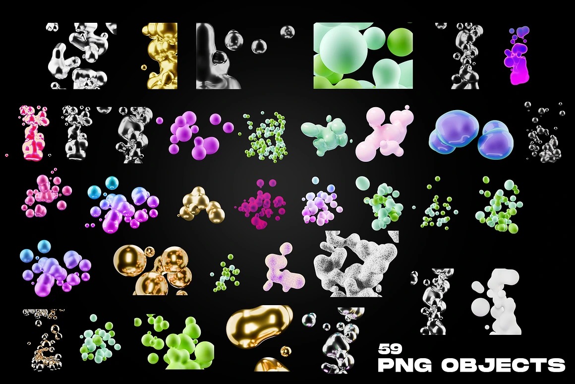 59款3D立体抽象金属流体镀铬液体粒子球体PNG免扣元素背景图片设计套装 Metaballs: Volume 1 , sucaiwan.com