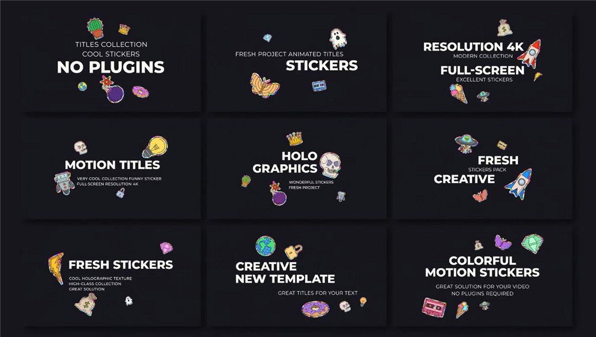 AE模板：趣味炫酷全息卡通动画元素图标贴纸素材包 Stickers Pack 图片素材 sucaiwan.com