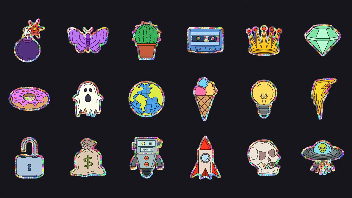 AE模板：趣味炫酷全息卡通动画元素图标贴纸素材包 Stickers Pack 图片素材 sucaiwan.com