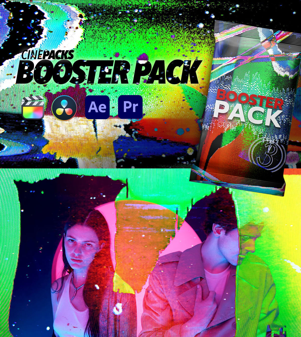 CinePacks Booster Pack 创意胶片垃圾毛刺引线噪点VHS失真模拟转场叠加4K视频素材包 影视音频 sucaiwan.com