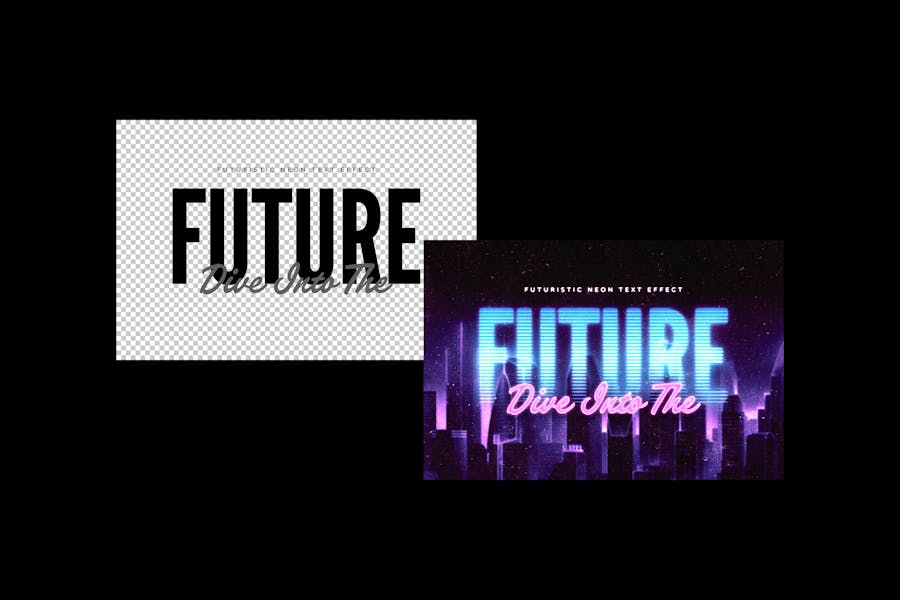 未来复古赛博朋克电影海报标题LOOG设计PS特效样机模板 Futuristic Neon Text Effect 样机素材 sucaiwan.com