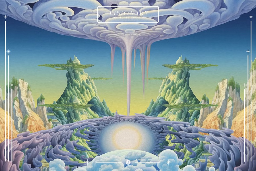 复古超现实主义奇幻悬浮瀑布浮岛抽象艺术梦幻油画背景图片设计素材 Visonary Landscape Creator 图片素材 sucaiwan.com