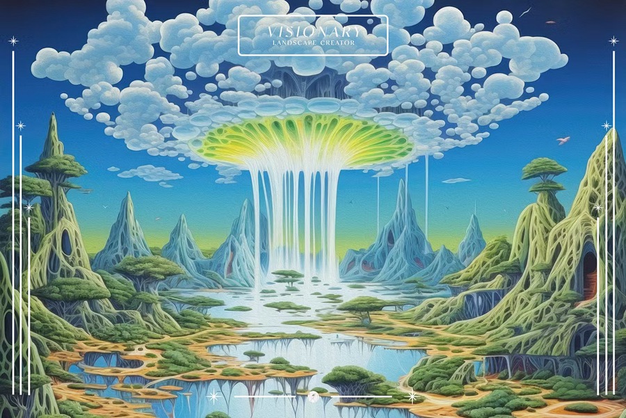 复古超现实主义奇幻悬浮瀑布浮岛抽象艺术梦幻油画背景图片设计素材 Visonary Landscape Creator 图片素材 sucaiwan.com