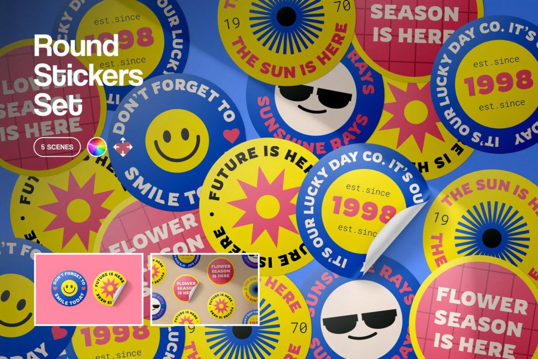 5款逼真圆形不干胶标签贴纸LOGO贴设计展示效果图PS智能贴图样机模板素材 Round Stickers Mockup Set 样机素材 第1张-素材湾丨精选海外优质设计素材资源 5款逼真圆形不干胶标签贴纸LOGO贴设计展示效果图PS智能贴图样机模板素材 Round Stickers Mockup Set 样机素材 sucaiwan.com