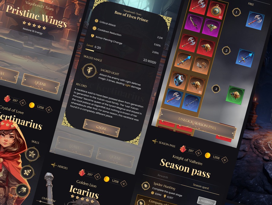 58屏复古手机版中世纪骑士英雄召唤游戏APP用户界面设计Figma模板素材 Knight of Valheim GUI Kit APP UI 第4张-素材湾丨精选海外优质设计素材资源 58屏复古手机版中世纪骑士英雄召唤游戏APP用户界面设计Figma模板素材 Knight of Valheim GUI Kit APP UI sucaiwan.com