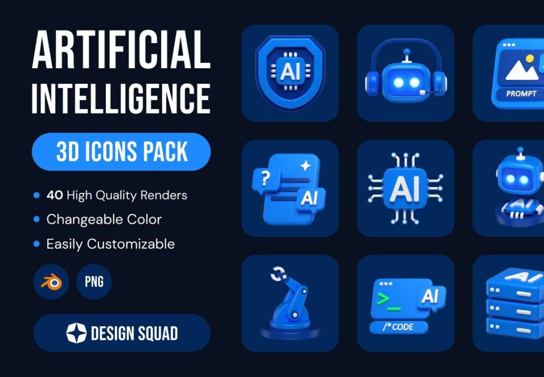 40款AI人工智能机器人芯片网络科技无人机3D图标Icons设计Blender/PNG素材 Artificial Intelligence 3D Icons Pack 图标素材 sucaiwan.com