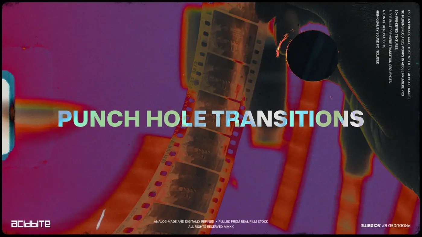 Acidbite 33个复古酸性胶卷手工打孔扫描纹理电影过渡覆盖层 PUNCH HOLE TRANSITIONS , sucaiwan.com