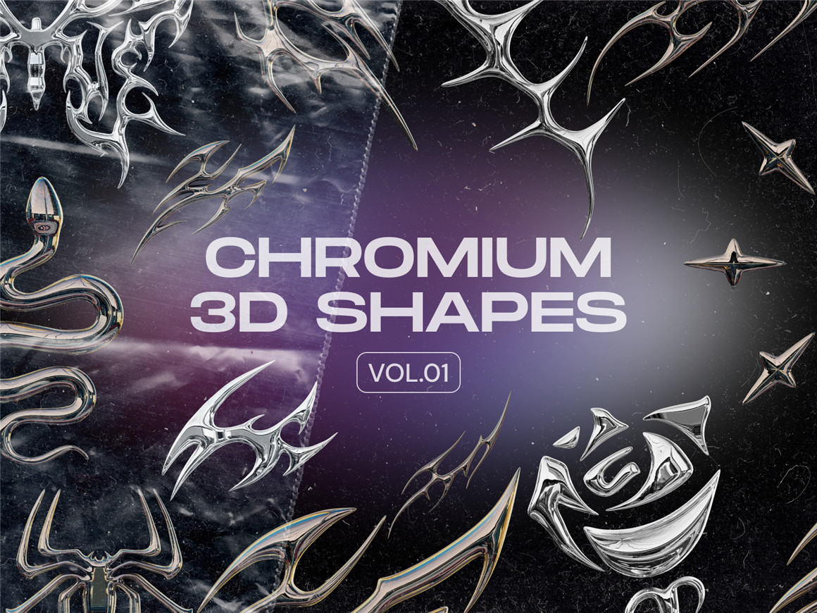 Craftwork 暗黑金属抽象异形艺术酸性镀铬形状3D插图海报PNG+3D模型素材包 Chromium 图片素材 sucaiwan.com