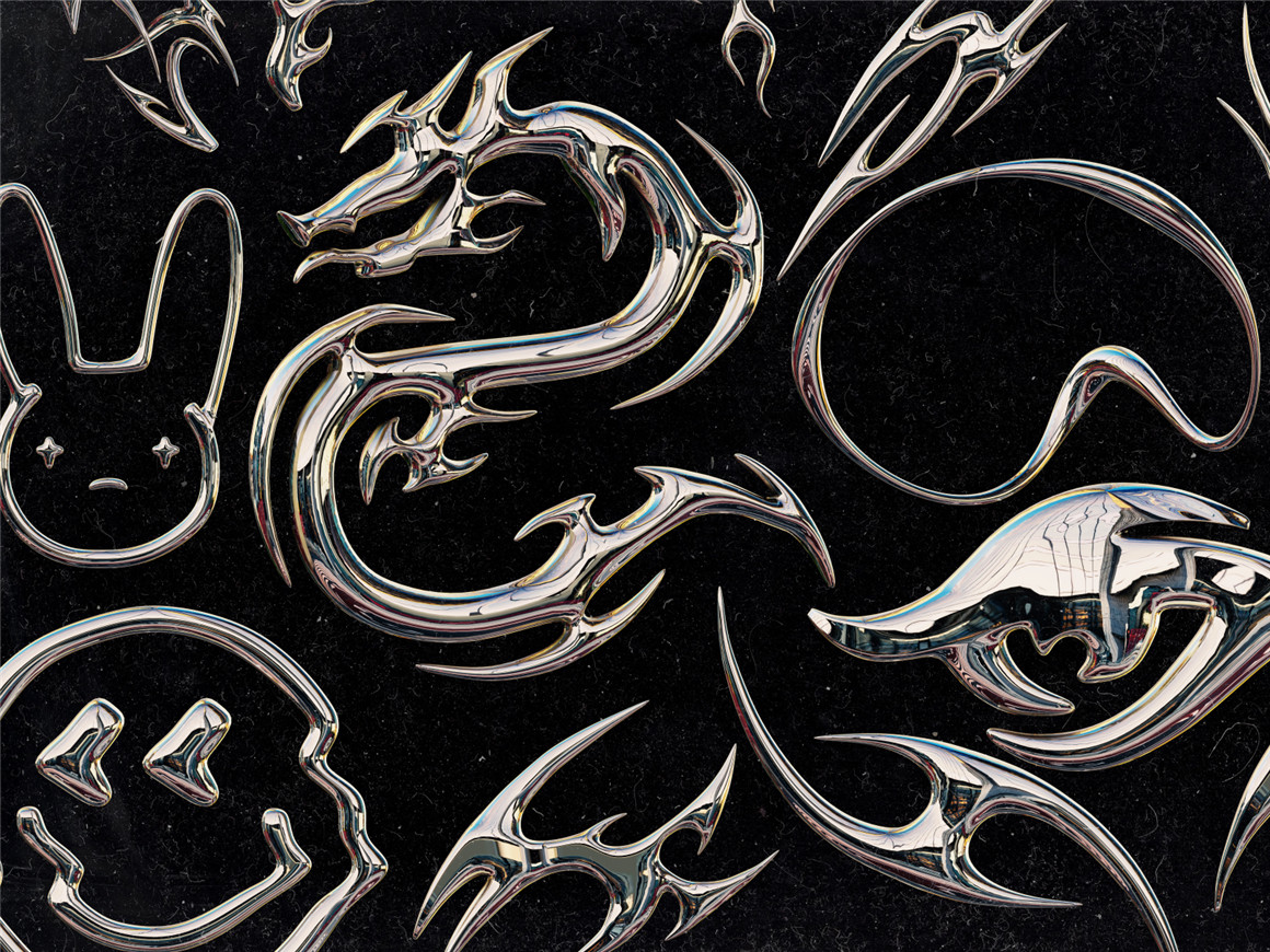 Craftwork 暗黑金属抽象异形艺术酸性镀铬形状3D插图海报PNG+3D模型素材包 Chromium 图片素材 sucaiwan.com