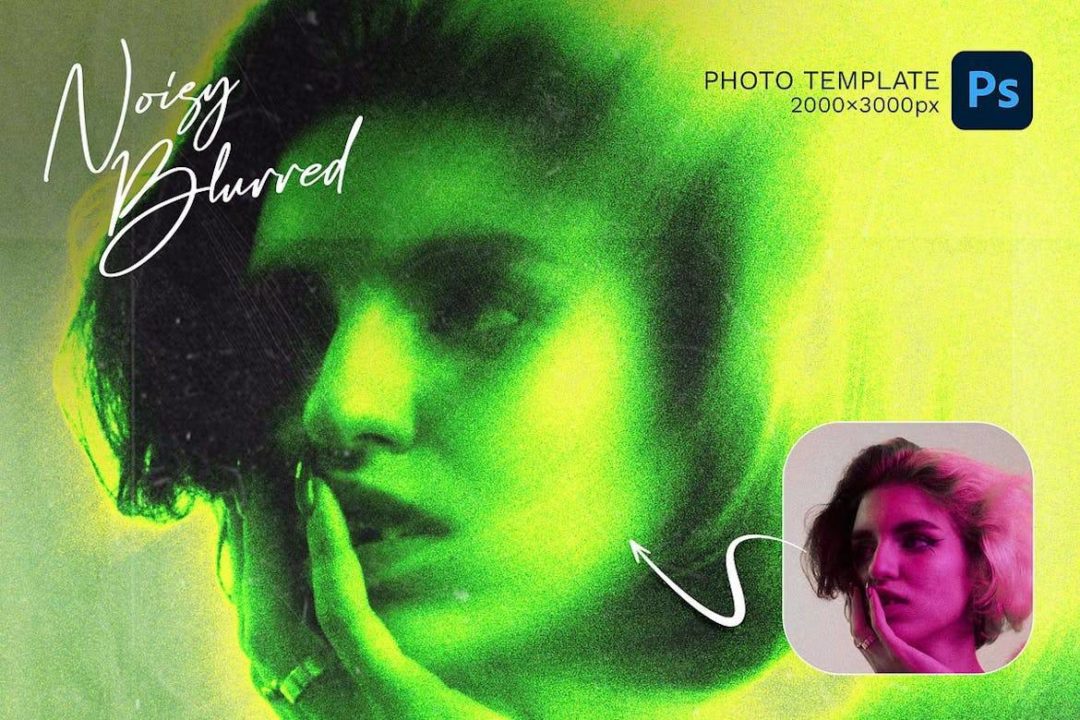 潮流前卫噪点颗粒纹理模糊效果人像图片修图PS特效滤镜插件样机模板 Noisy Blurred Photo Template 插件预设 sucaiwan.com