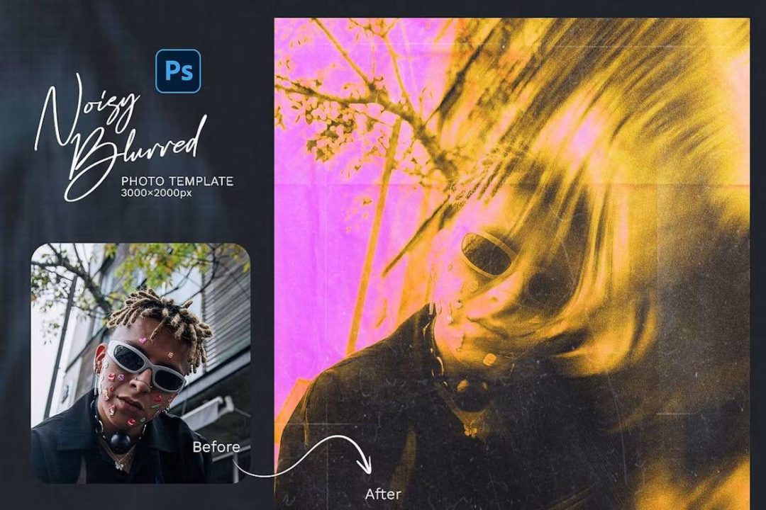 潮流前卫噪点颗粒纹理模糊效果人像图片修图PS特效滤镜插件样机模板 Noisy Blurred Photo Template 插件预设 sucaiwan.com