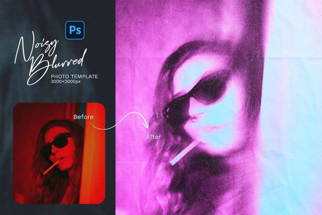 潮流前卫噪点颗粒纹理模糊效果人像图片修图PS特效滤镜插件样机模板 Noisy Blurred Photo Template 插件预设 sucaiwan.com