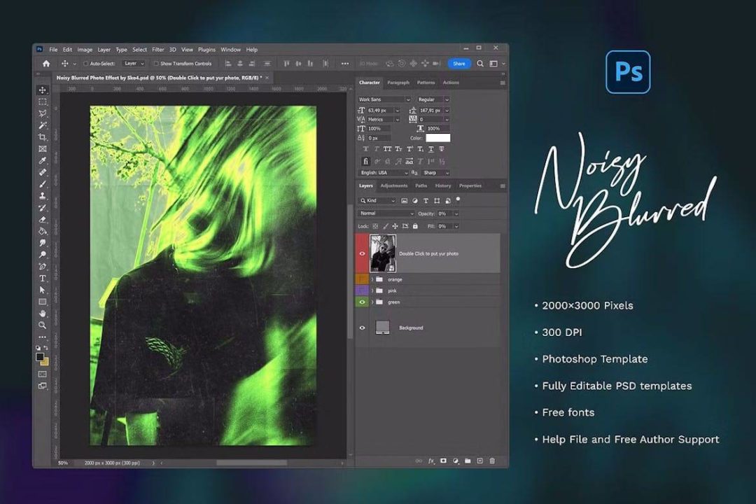 潮流前卫噪点颗粒纹理模糊效果人像图片修图PS特效滤镜插件样机模板 Noisy Blurred Photo Template 插件预设 sucaiwan.com