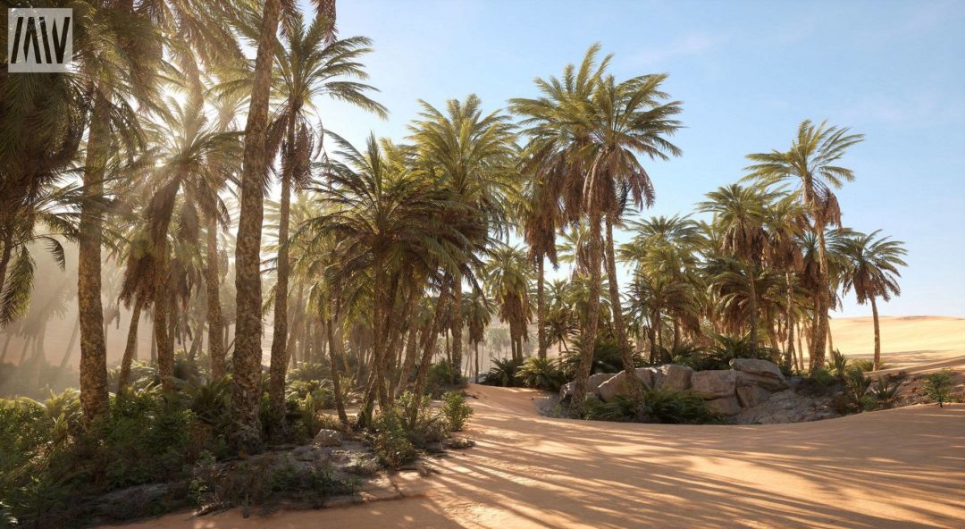 UE素材 沙漠戈壁绿洲椰子棕榈树湖泊场景3D模型素材 Unreal Engine – Dune Desert Landscape 样机素材 sucaiwan.com