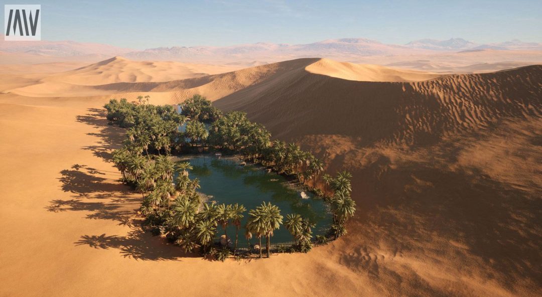 UE素材 沙漠戈壁绿洲椰子棕榈树湖泊场景3D模型素材 Unreal Engine – Dune Desert Landscape 样机素材 sucaiwan.com