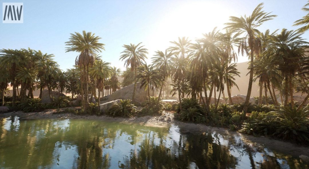 UE素材 沙漠戈壁绿洲椰子棕榈树湖泊场景3D模型素材 Unreal Engine – Dune Desert Landscape 样机素材 sucaiwan.com