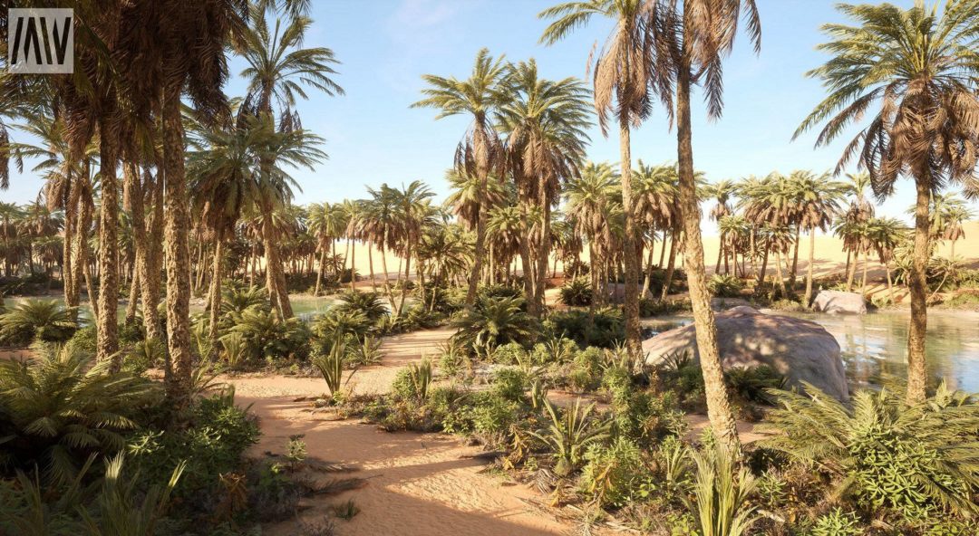 UE素材 沙漠戈壁绿洲椰子棕榈树湖泊场景3D模型素材 Unreal Engine – Dune Desert Landscape 样机素材 sucaiwan.com