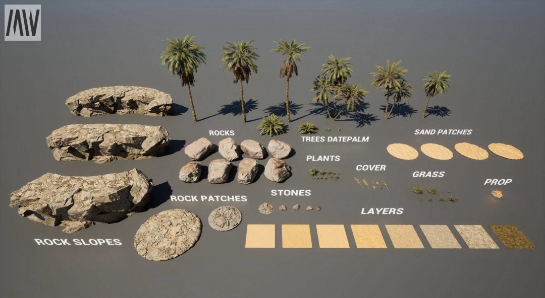 UE素材 沙漠戈壁绿洲椰子棕榈树湖泊场景3D模型素材 Unreal Engine – Dune Desert Landscape 样机素材 sucaiwan.com
