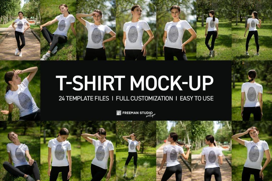24款户外绿地真实拍摄女士半袖衫T恤印花LOGO图案设计展示效果图PS贴图样机模板 T-Shirt Mock-Up Set 样机素材 sucaiwan.com