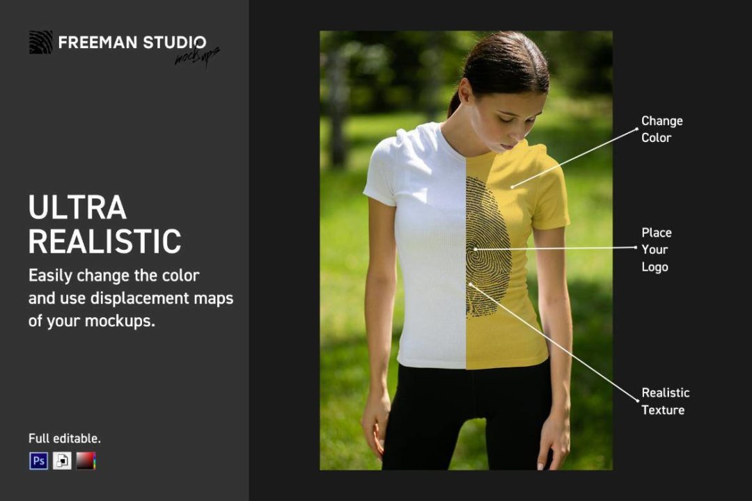 24款户外绿地真实拍摄女士半袖衫T恤印花LOGO图案设计展示效果图PS贴图样机模板 T-Shirt Mock-Up Set 样机素材 sucaiwan.com