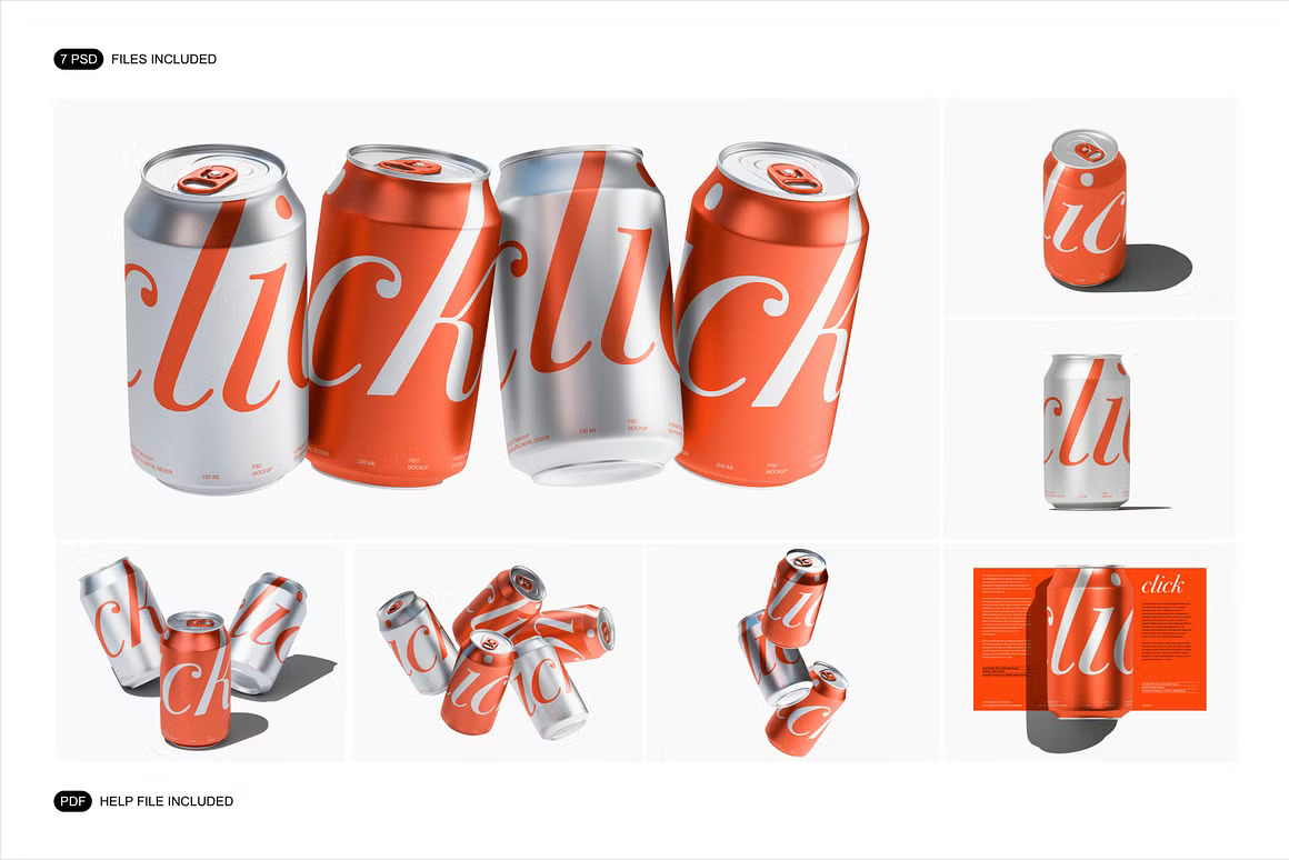 6款质感极简金属汽水罐易拉罐可乐罐苏打水包装设计展示PSD样机Metal Soda Can Mockup 样机素材 sucaiwan.com