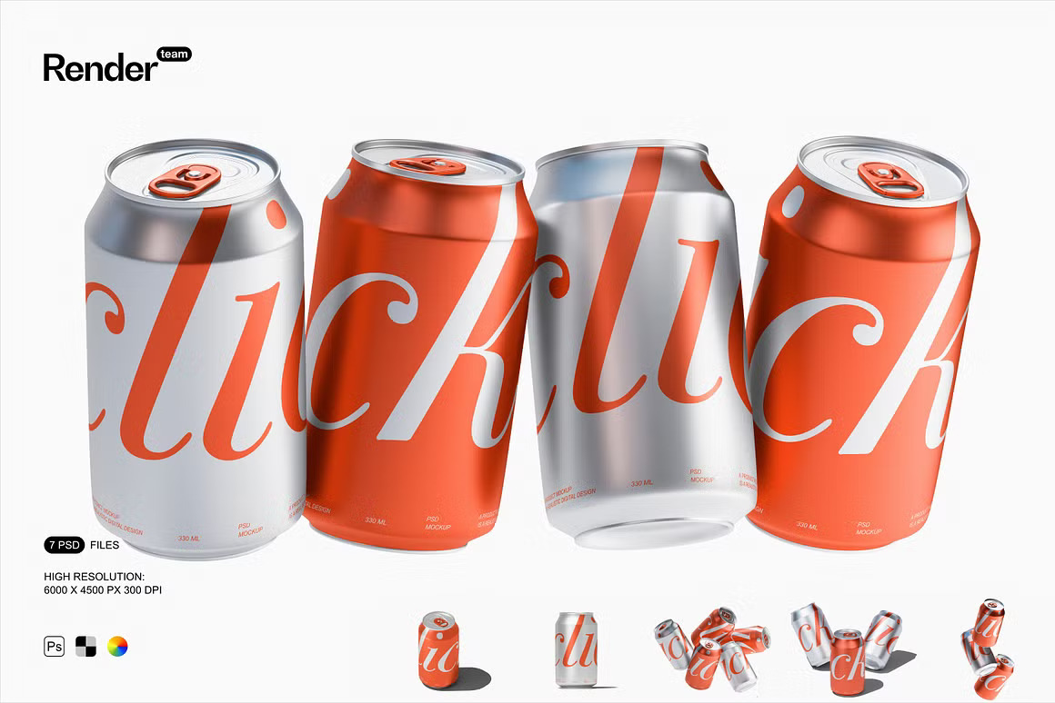 6款质感极简金属汽水罐易拉罐可乐罐苏打水包装设计展示PSD样机Metal Soda Can Mockup 样机素材 sucaiwan.com