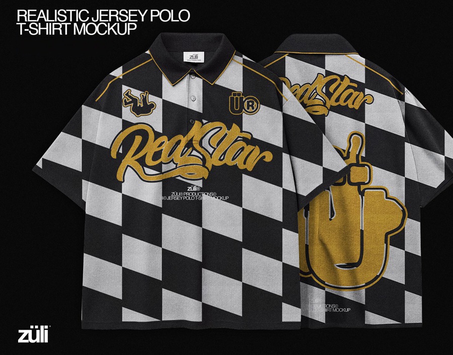 4款逼真质感宽松街头潮服翻领POLO衫短袖衬衣印花设计展示PSD样机Realistic Oversize Jersey Polo T-Shirt Mockup 样机素材 sucaiwan.com