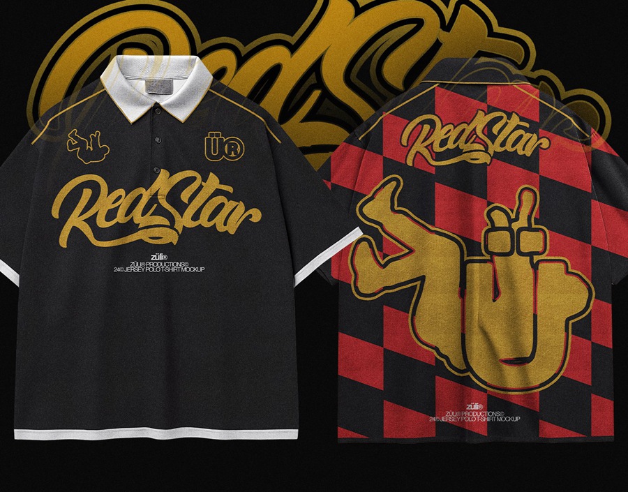 4款逼真质感宽松街头潮服翻领POLO衫短袖衬衣印花设计展示PSD样机Realistic Oversize Jersey Polo T-Shirt Mockup 样机素材 sucaiwan.com