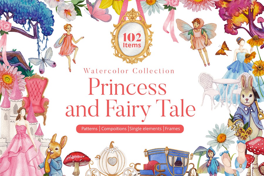 102款童话公主花卉兔子蘑菇手绘插画水彩画PNG免抠图设计素材 Princess and Fairy Tale Watercolor 图片素材 sucaiwan.com