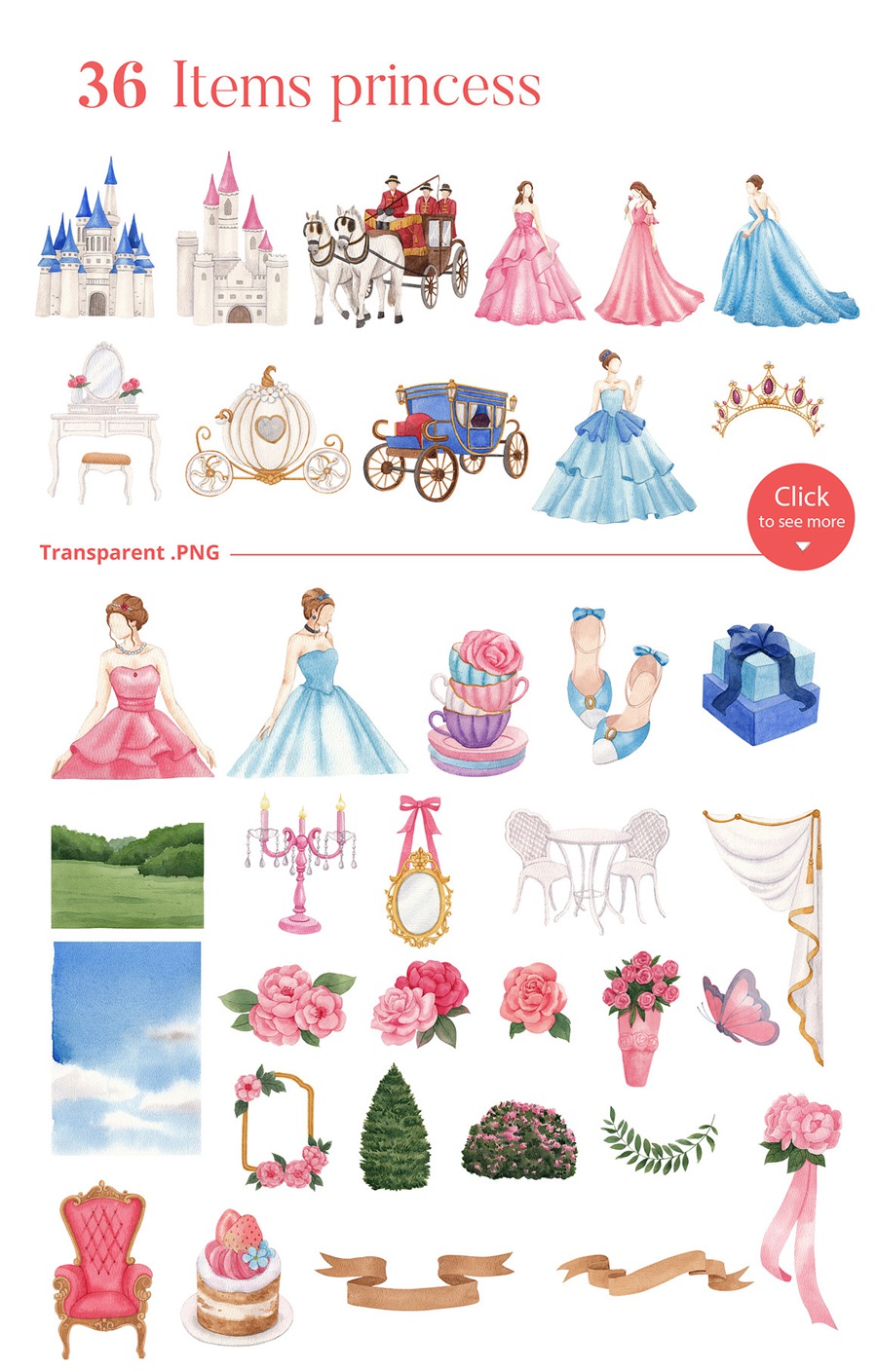 102款童话公主花卉兔子蘑菇手绘插画水彩画PNG免抠图设计素材 Princess and Fairy Tale Watercolor 图片素材 sucaiwan.com