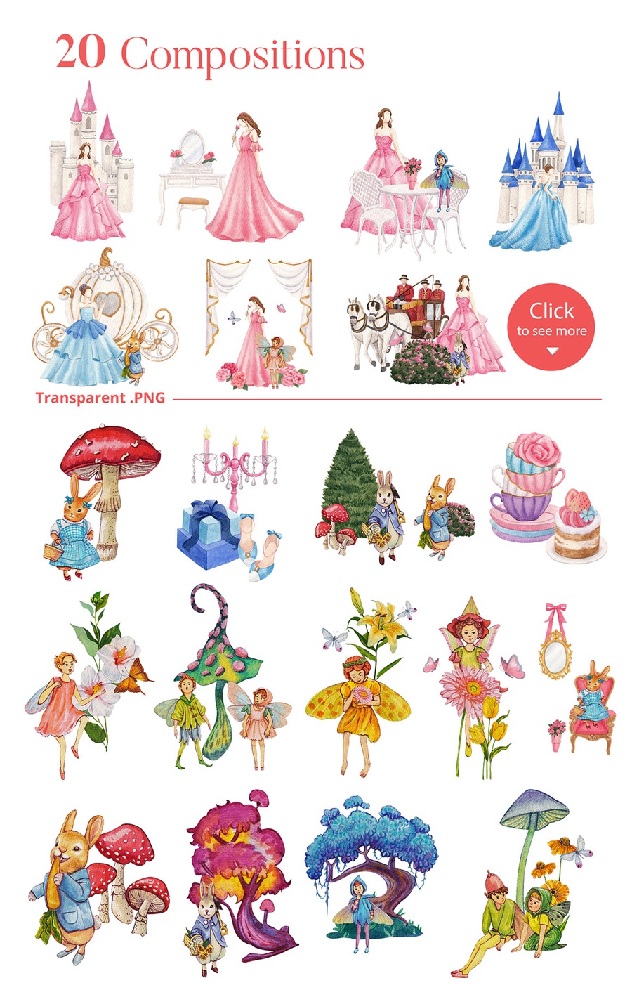102款童话公主花卉兔子蘑菇手绘插画水彩画PNG免抠图设计素材 Princess and Fairy Tale Watercolor 图片素材 sucaiwan.com