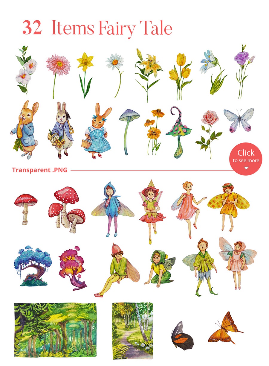 102款童话公主花卉兔子蘑菇手绘插画水彩画PNG免抠图设计素材 Princess and Fairy Tale Watercolor 图片素材 sucaiwan.com