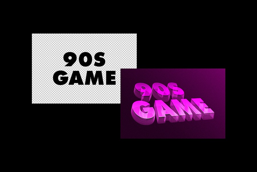 90年代复古未来主义赛博朋克科幻3D立体海报标题LOGO设计PS特效样机模板素材 90s Synthwave Text Effect 插件预设 sucaiwan.com