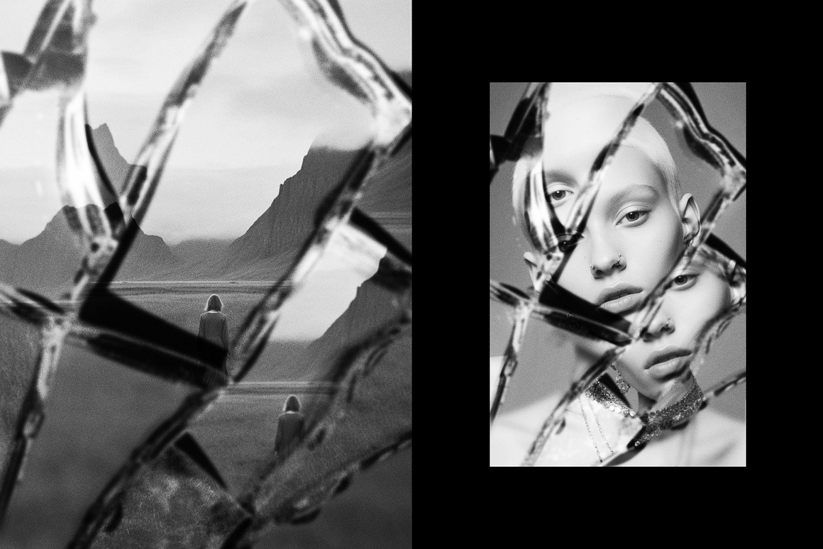 潮流扭曲故障失真玻璃破碎照片效果PS特效滤镜插件样机模板设计素材 Broken Mirror Photo Effect 插件预设 sucaiwan.com