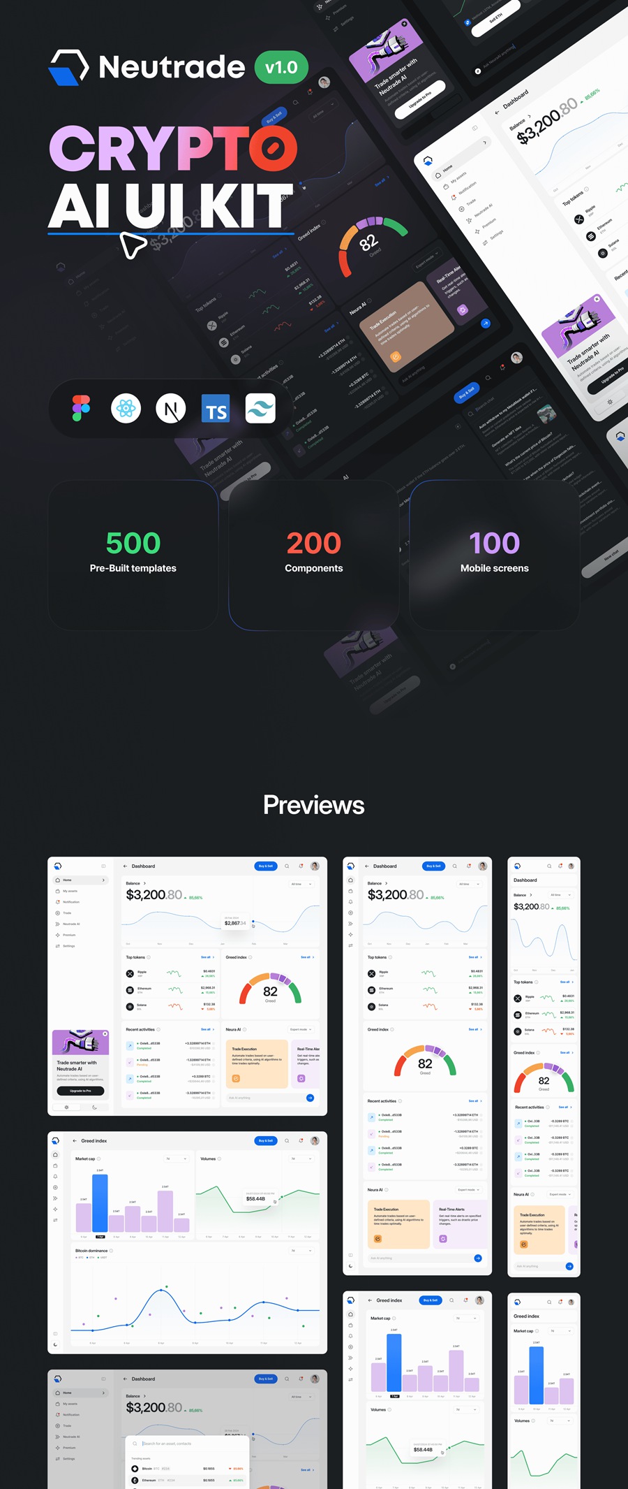 500+现代极简双色加密货币金融代币AI人工智能网站页面APP应用程序仪表盘UI设计套件Neutrade – Crypto AI UI Kit APP UI sucaiwan.com