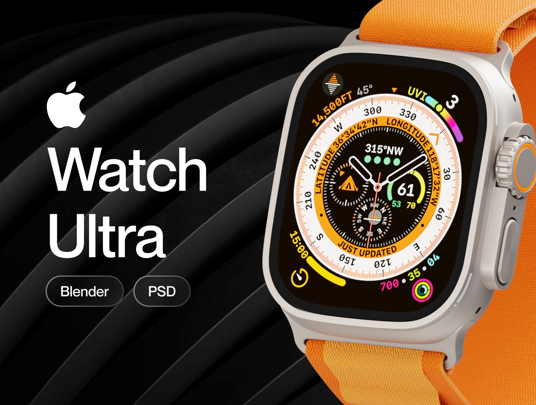 逼真苹果手表Watch Ultra屏幕演示效果图PS贴图样机模板设计素材 Apple Watch Ultra Mockup 样机素材 sucaiwan.com
