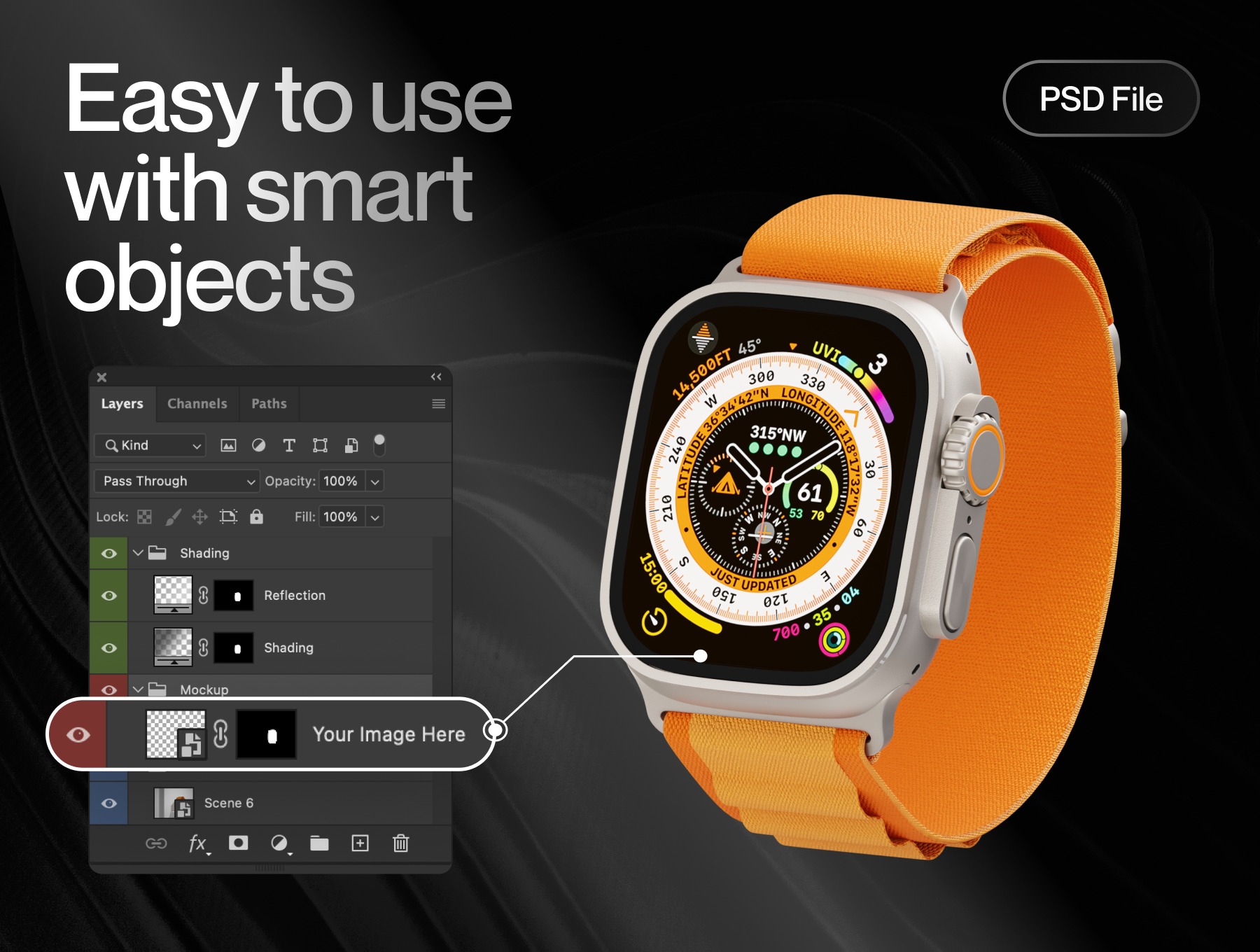 逼真苹果手表Watch Ultra屏幕演示效果图PS贴图样机模板设计素材 Apple Watch Ultra Mockup 样机素材 sucaiwan.com
