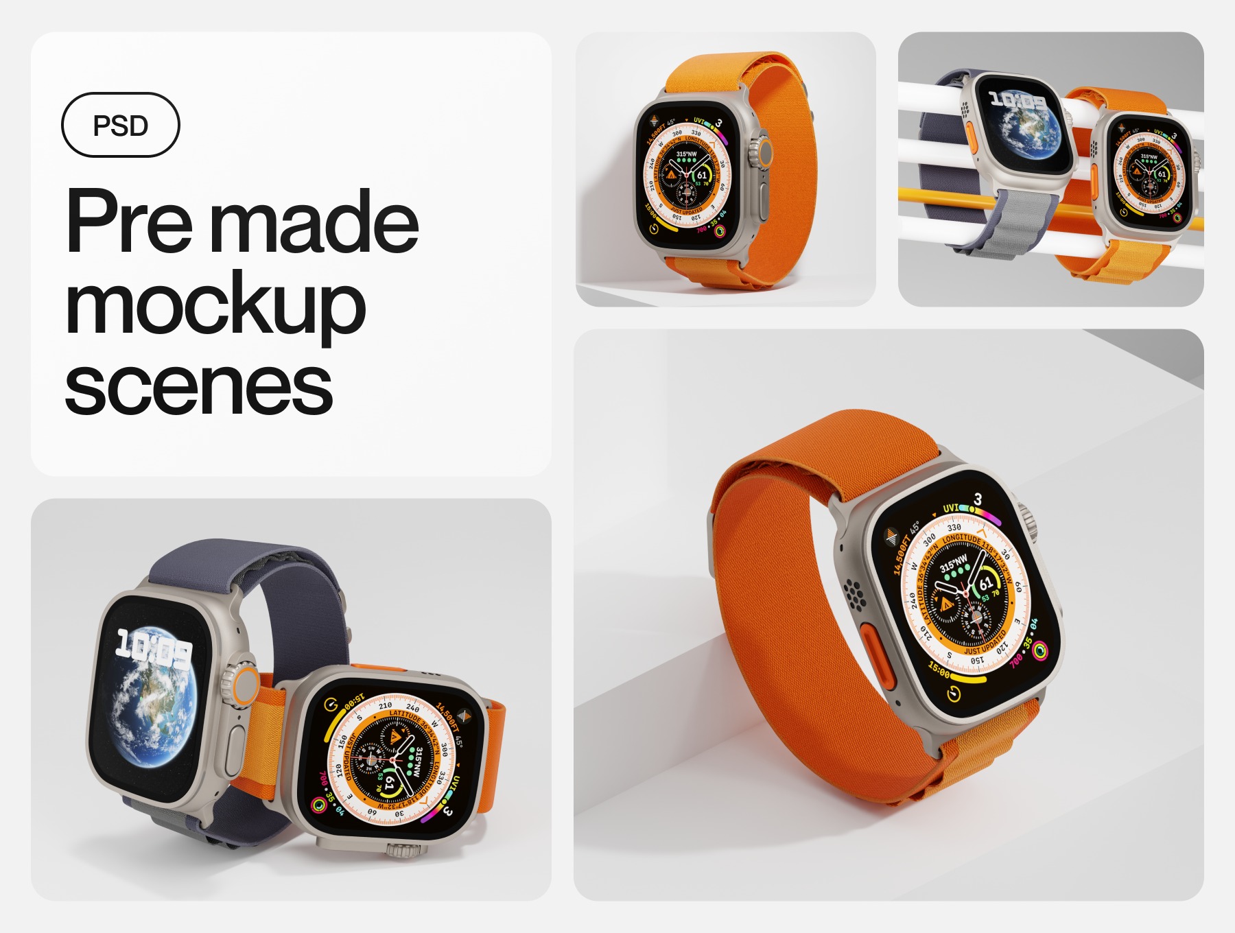 逼真苹果手表Watch Ultra屏幕演示效果图PS贴图样机模板设计素材 Apple Watch Ultra Mockup 样机素材 sucaiwan.com