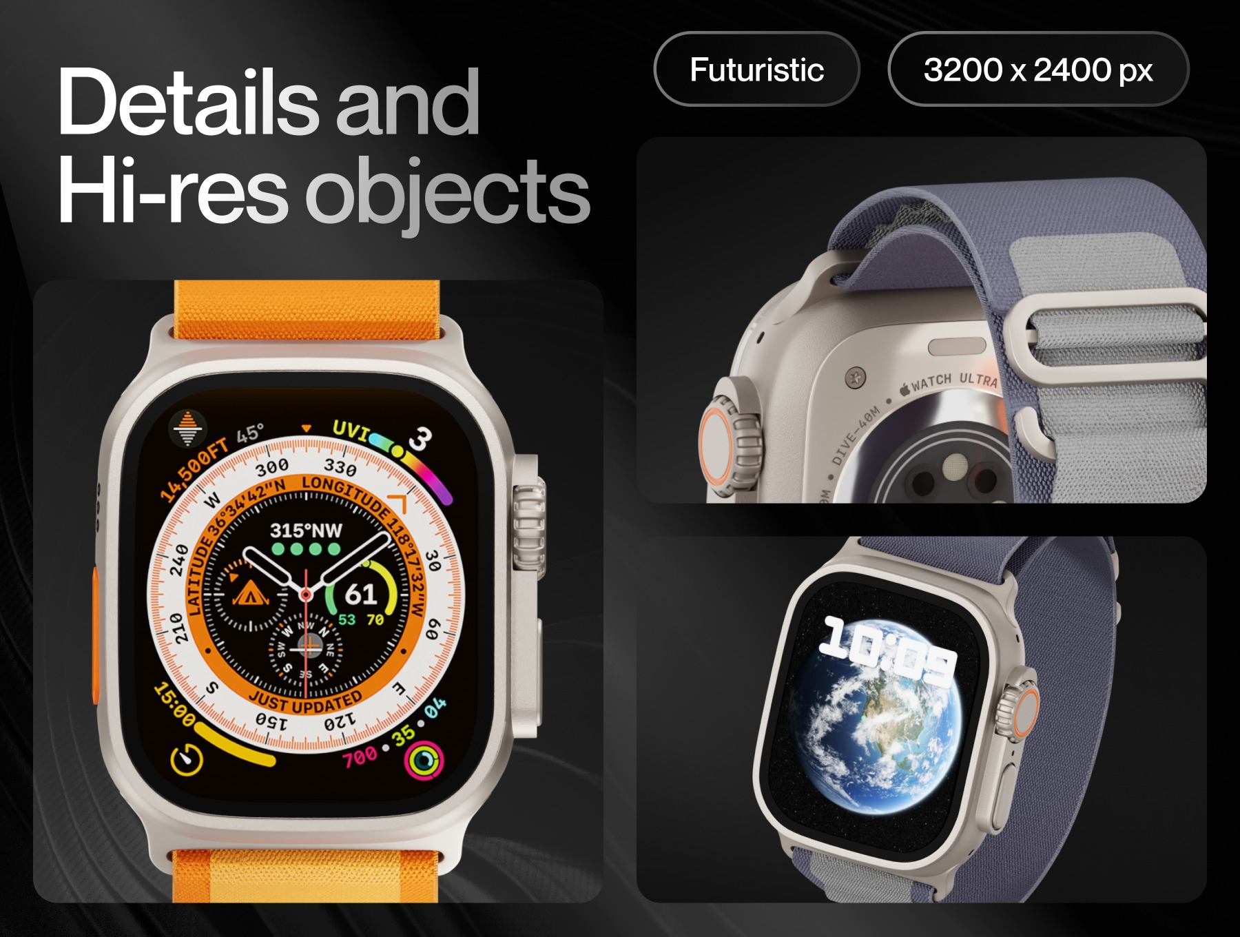 逼真苹果手表Watch Ultra屏幕演示效果图PS贴图样机模板设计素材 Apple Watch Ultra Mockup 样机素材 sucaiwan.com