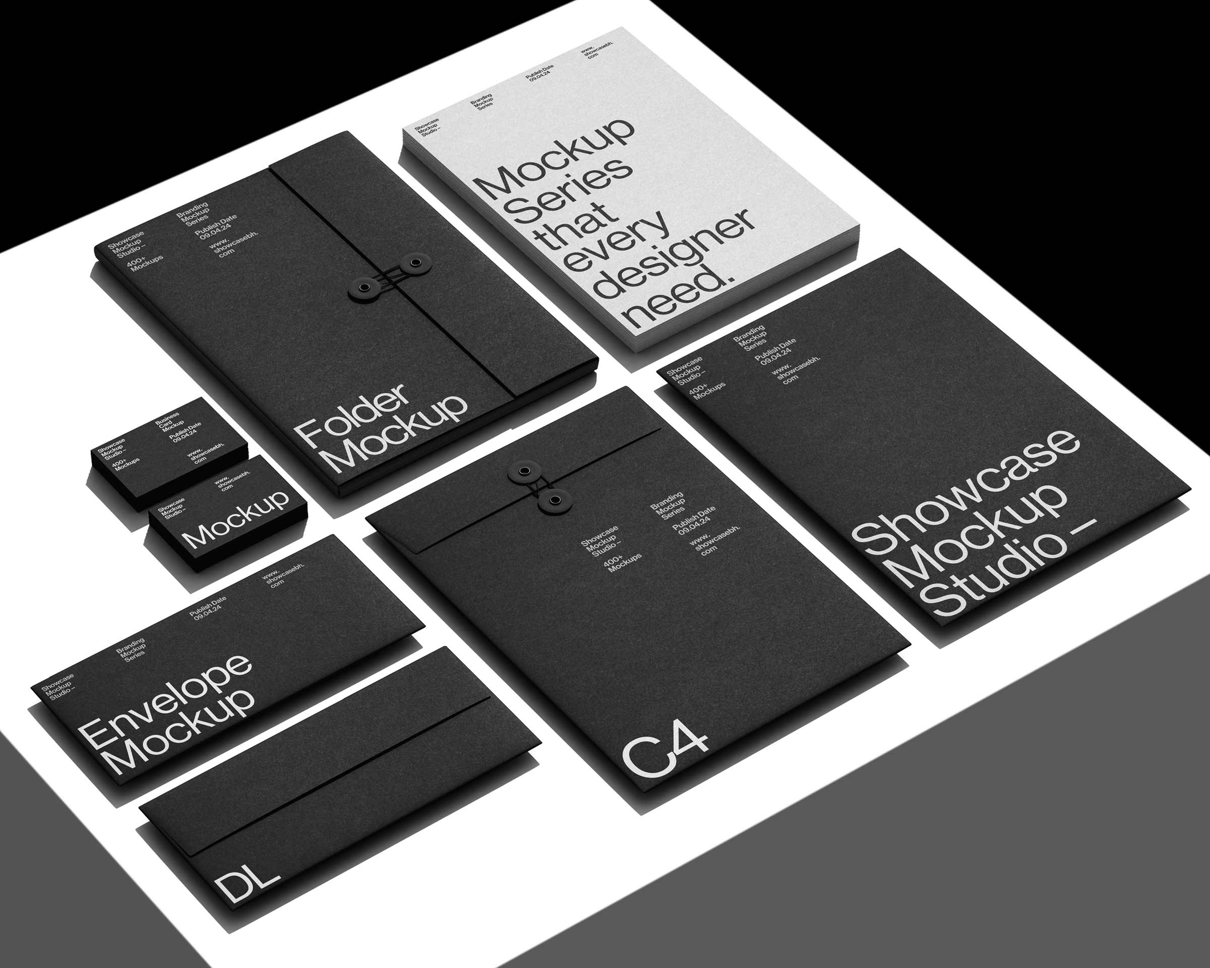 12款高级质感品牌VI设计信封名片海报文件袋展示效果图PS贴图样机模板素材 Black_Branding Mockup Bundle By Showcase Mockups 样机素材 sucaiwan.com