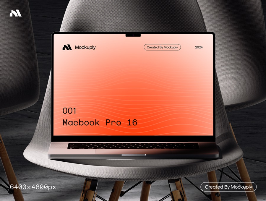 6款创意真实拍摄网站界面设计展示效果图苹果MacBook Pro 16演示PS贴图样机模板 Mockuply, Macbook pro 16 on chair 样机素材 sucaiwan.com