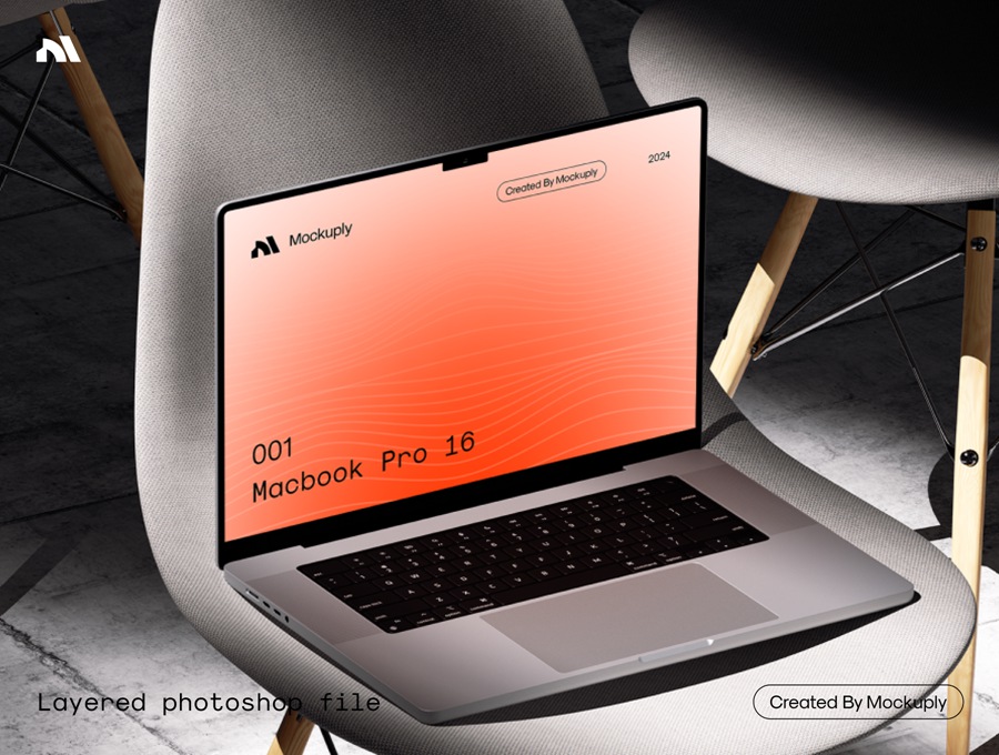 6款创意真实拍摄网站界面设计展示效果图苹果MacBook Pro 16演示PS贴图样机模板 Mockuply, Macbook pro 16 on chair 样机素材 sucaiwan.com