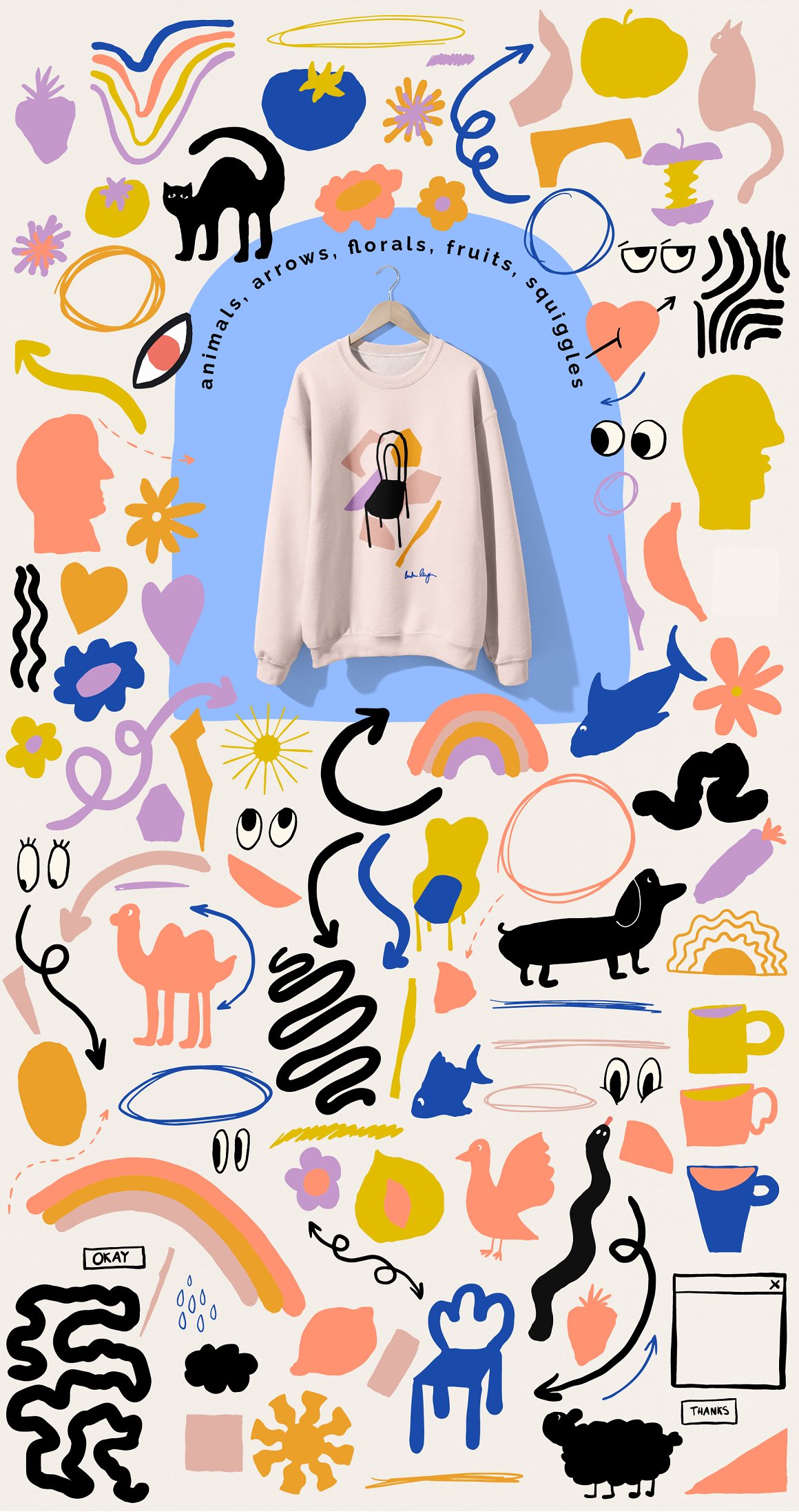 350个复古创意趣味卡通手绘插画矢量元素海报印花设计AI模板套件 Naive Art Clipart + Posters 图片素材 sucaiwan.com