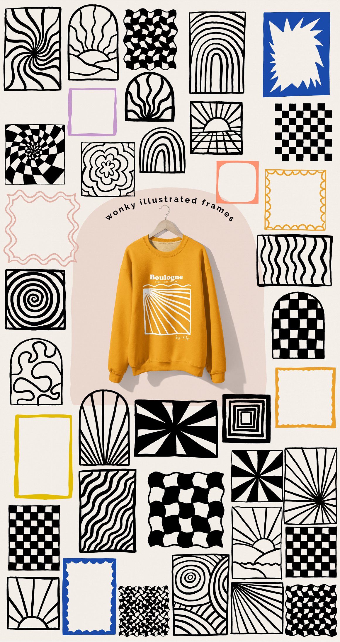 350个复古创意趣味卡通手绘插画矢量元素海报印花设计AI模板套件 Naive Art Clipart + Posters 图片素材 sucaiwan.com