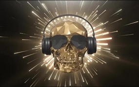 VJ视频素材:金色低多边形骷髅头音频可视化波背景