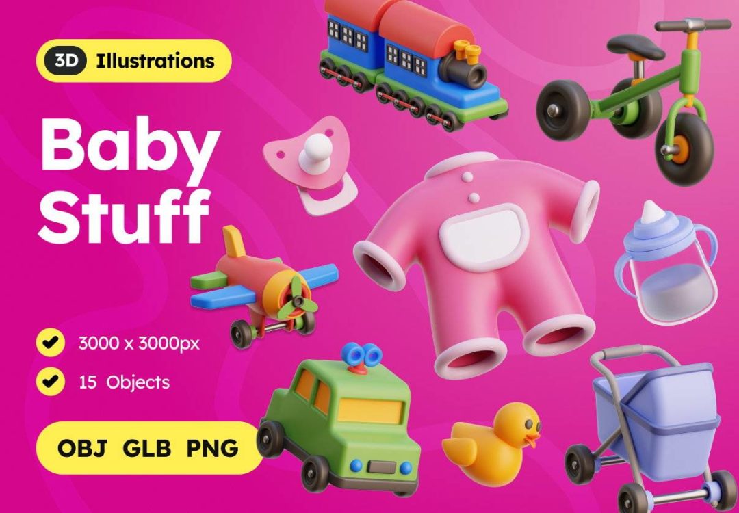 15款卡通趣味婴儿主题3D插画Icons图标设计OBJ/PNG格式素材 Baby Stuff 3D Icons 图标素材 sucaiwan.com