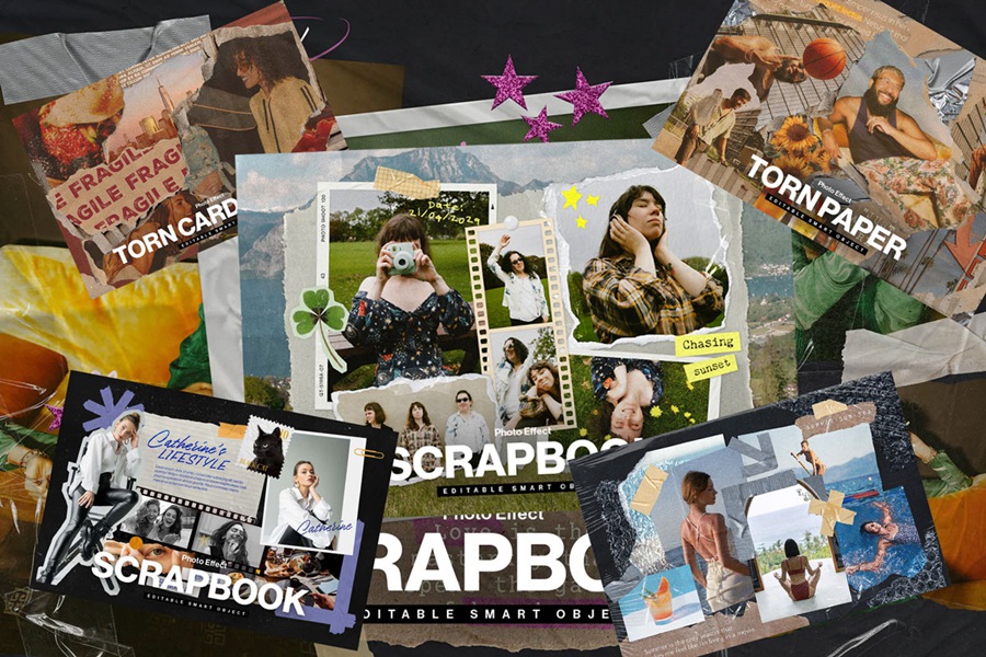 14个复古撕纸照片相框拼贴剪贴簿情绪板旅游日记账单手账PSD特效样机 , sucaiwan.com