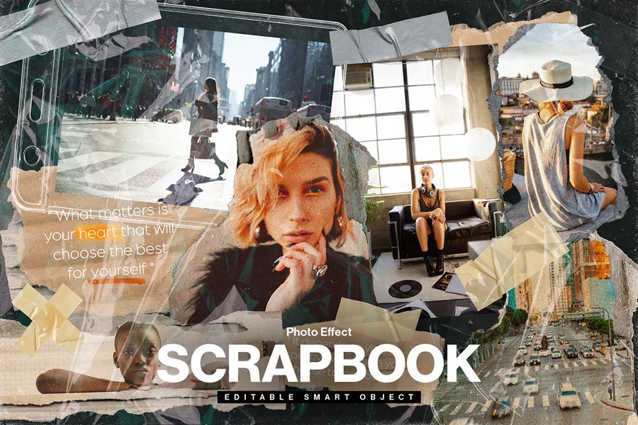 14个复古撕纸照片相框拼贴剪贴簿情绪板旅游日记账单手账PSD特效样机 , sucaiwan.com
