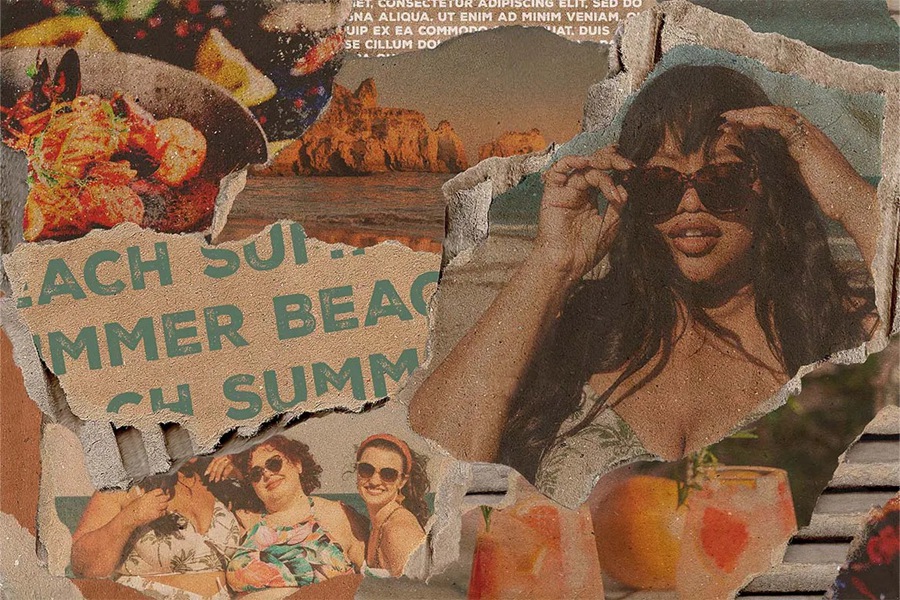 14个复古撕纸照片相框拼贴剪贴簿情绪板旅游日记账单手账PSD特效样机 , sucaiwan.com