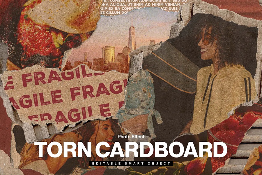 14个复古撕纸照片相框拼贴剪贴簿情绪板旅游日记账单手账PSD特效样机 , sucaiwan.com